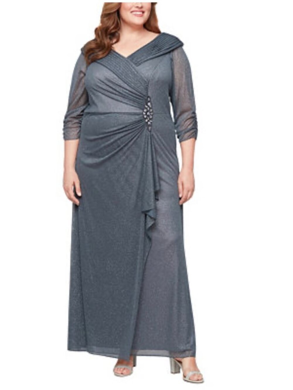Alex Evening Portrait Collar Glitter Ruched Mesh Dress Size 22W